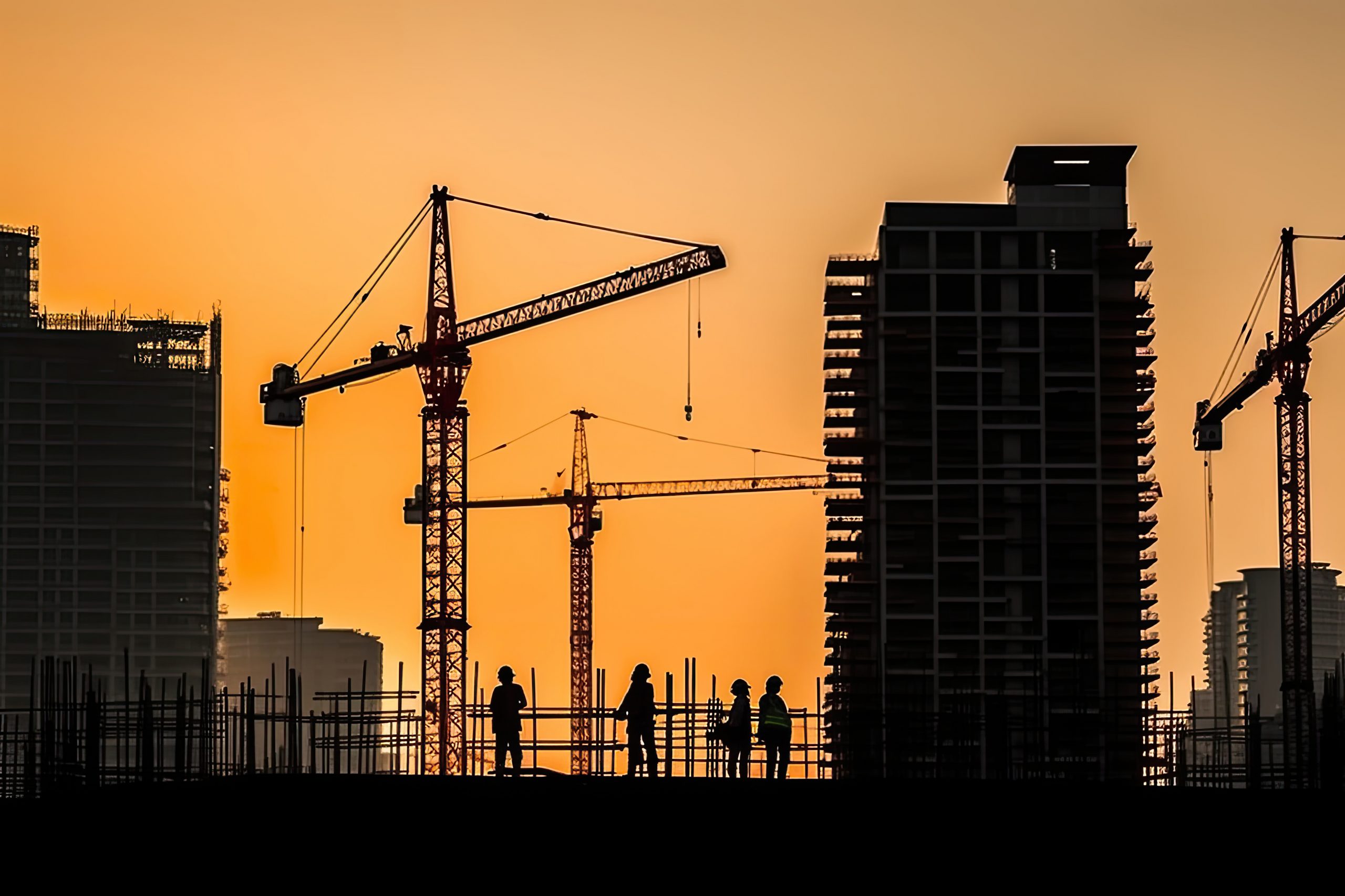 Silhouettes of engineers at construction site at sunset